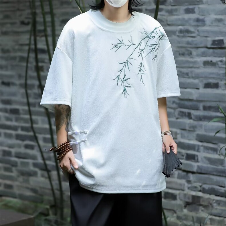 新风竹磅满天星布垂感刺绣短袖t恤男潮宽松大码半袖体恤夏季图片