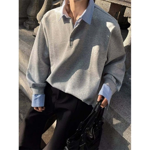 格子撞色假两件设计伯爵先生男装25春新款韩版宽松衬衫领套对卫衣图片