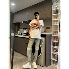 欧美潮牌高街浅蓝色破洞牛仔裤男复古宽松直筒拉链裤脚百搭长裤，男装牛仔裤，星座218-1（原230）