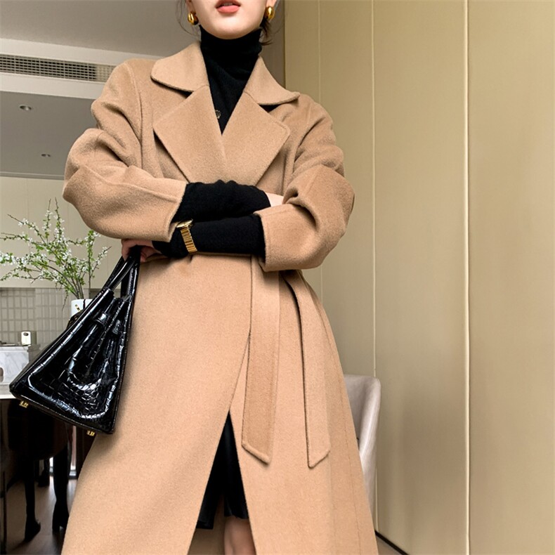 2025秋冬新款西装领系带纯羊毛长款毛呢外套女赫本风双面羊绒大衣,女装双面呢大衣,赛欧妮