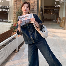 美式复古独特撞色拼接2025年春新款时尚牛仔外套阔腿裤，女装短外套，浙宝305