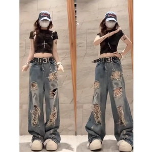 现货 夏季宽松复古高腰显瘦拖地裤潮乞丐破洞牛仔裤K8340/特P48图片