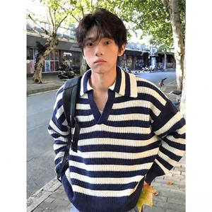 领海军蓝老钱松弛感条纹毛衣男针织衫图片