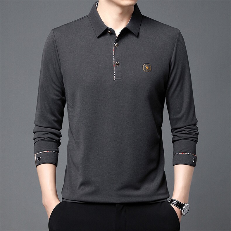 长袖T恤男士秋装上衣服翻领纯色中年外贸刺绣POLO衫,男装T恤,电商B212（原钱塘6029）
