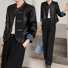 初春女装新款独特超好看冷淡系皮衣气质高级感新中式黑色外套秋装，女装皮衣，江南女神