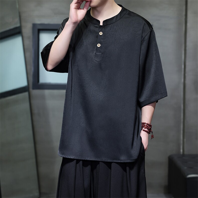 夏季新款缎面短袖男风刺绣新中式五分袖半袖轻熟T恤T815P55，男装T恤，电商A021A