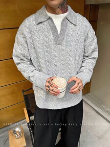 复古慵懒麻花纹理假两件翻领套头毛衣拼接针织衫外套潮ZZS107P65图片