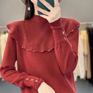 法式半高领重工钉珠提花针织长袖打底衫女时尚洋气设计感套头毛衣图片
