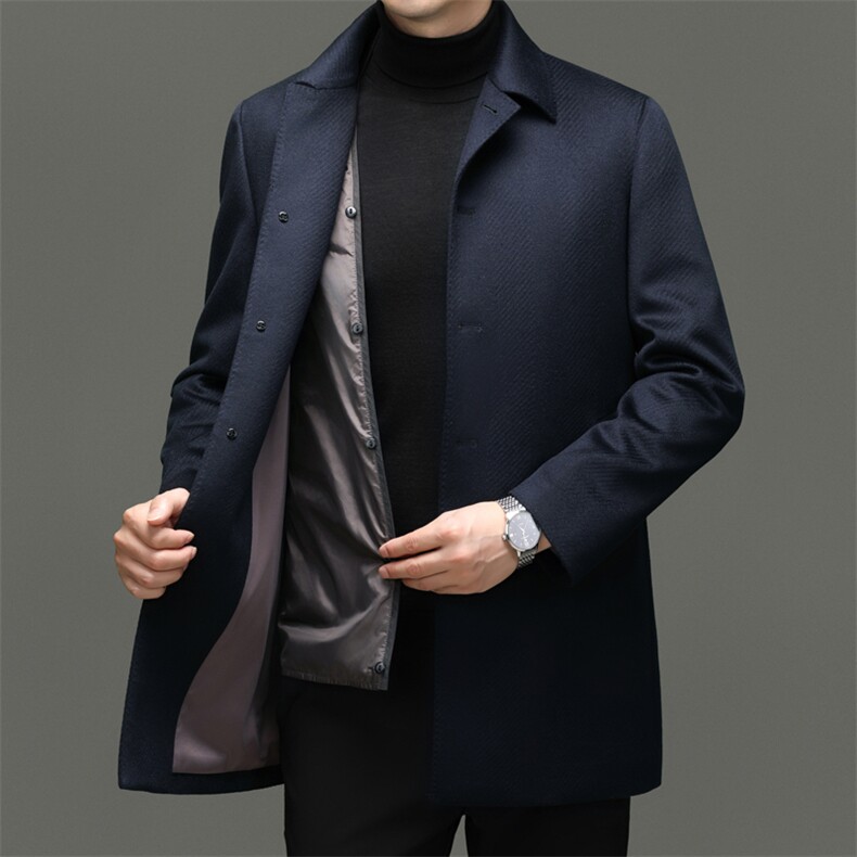 高端中年绵羊毛白鹅绒内胆翻领大衣秋冬中老年羊毛双面呢外套，男装毛呢大衣，钱塘723