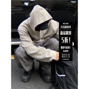 2025新款美式复古条纹拉链开衫连帽卫衣男女宽松休闲百搭情侣图片
