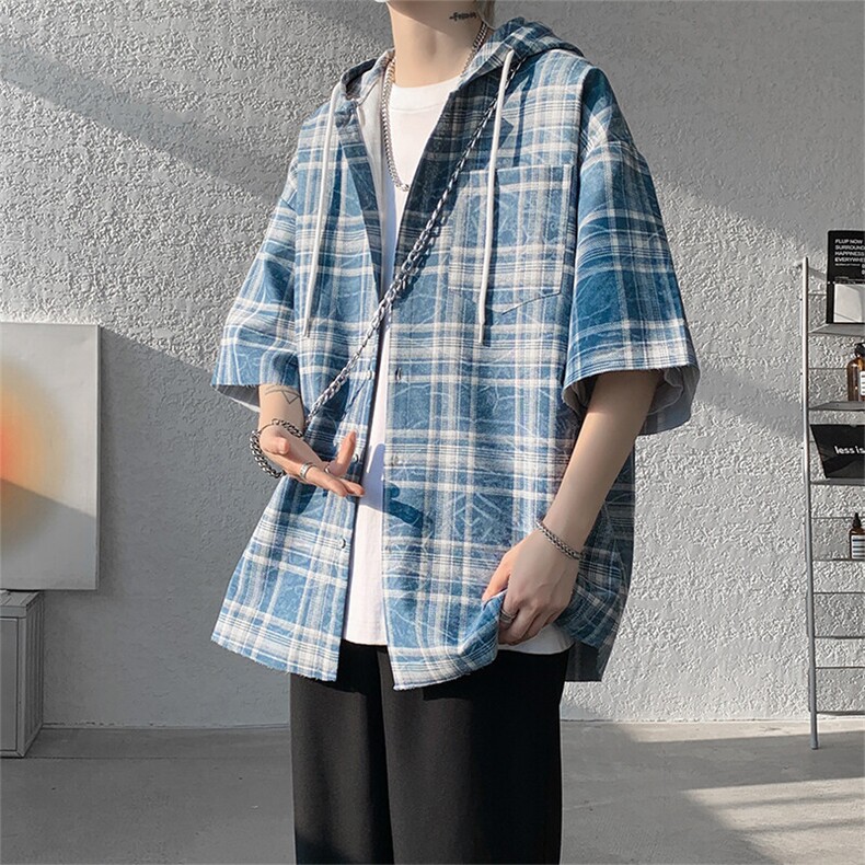 CS6016-特P30控58夏季美式复古格子连帽短袖衬衫男女接头宽松,男装T恤,电商A058-1（原电商C417）