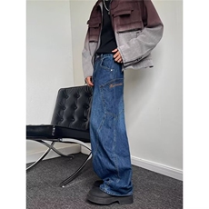 复古设计感大口袋弯刀牛仔裤男女宽松复古baggy阔腿刺绣拖地裤潮，男装牛仔裤，星座601-2