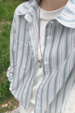胖胖哥美式条纹长袖衬衫男秋季高级感痞帅休闲大码宽松衬衣外套，男装衬衫，电商A001