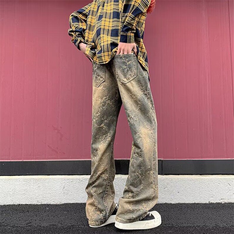 提花牛仔裤男女韩版潮流黄泥色帅直筒2025夏季ins长裤RK2586-P43,男装牛仔裤,星座412-3