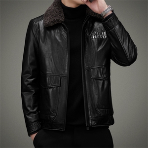 22-118秋冬新款男士真皮羽绒服可脱卸内胆牛皮夹克羊羔毛领P950图片