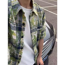 扎染短袖格子衬衫男夏季高街设计感衬衣vintage防嗮外套CY97，男装T恤，星座1116A（原606A-3）