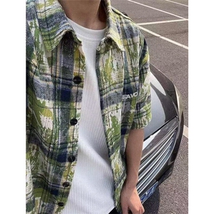 扎染短袖格子衬衫男夏季高街设计感衬衣vintage防嗮外套 CY97图片