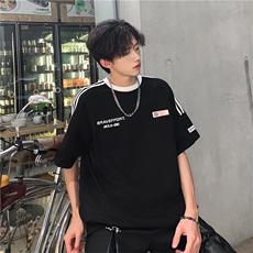 夏季潮牌宽松半袖上衣2024新款撞色条纹短袖t恤男现货T1727-P32，男装T恤，星座512-4