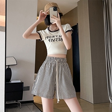 轻薄条纹冰丝阔腿短裤女夏季薄款高腰垂感宽松显瘦直筒休闲裤，女装短裤/热裤，梦白服饰厂