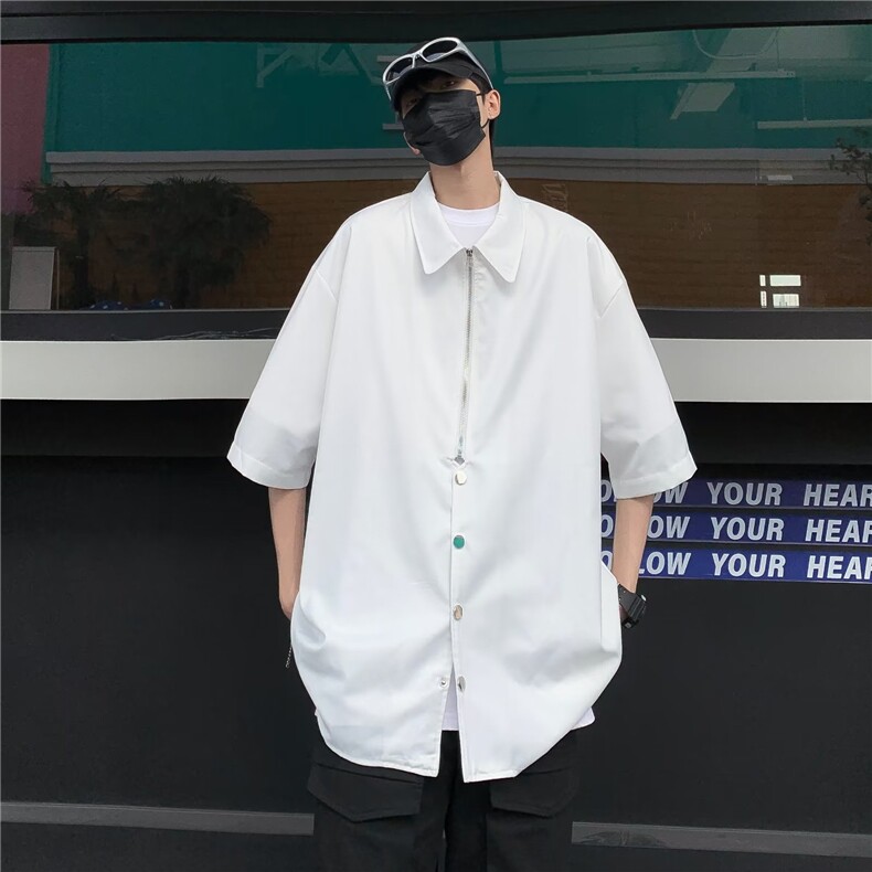 美式双拉链衬衫设计感高级男女情侣装短袖潮日系翻领半袖~S8003,男装衬衫,星座601-2