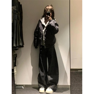 美式复古时尚连帽棉服外套冬季宽松加厚假两件面包服棉衣图片