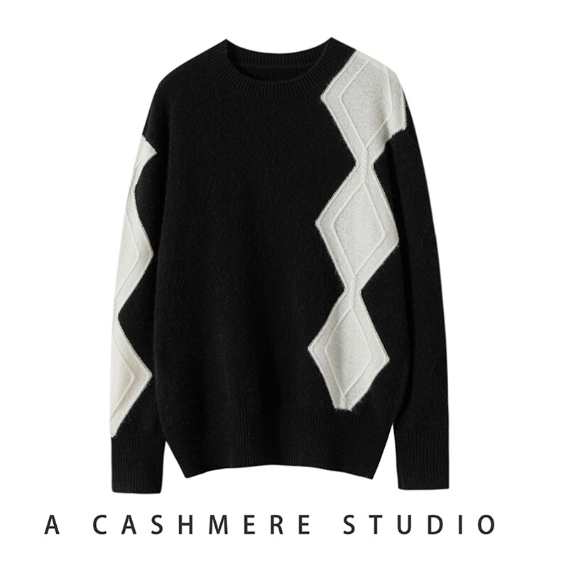 秋冬季35%羊绒65%羊毛休闲百搭12针黑白拼色圆领羊绒衫，女装羊绒衫，广悦羊绒