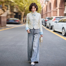 新中式轻薄羽绒服女短款2025年新款春白鸭绒时尚唐装提花外套，女装短外套，水衣源