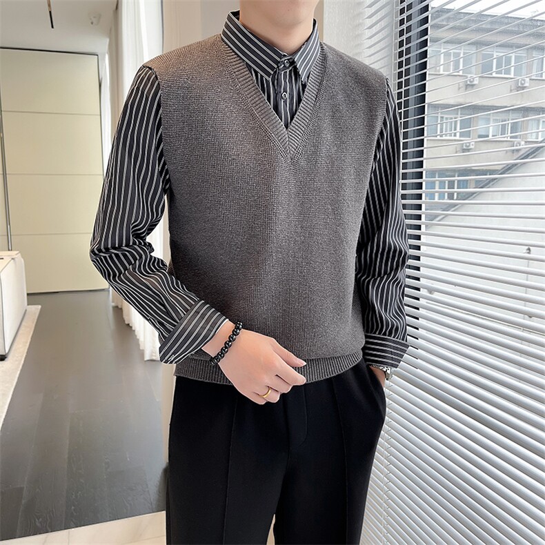 轻熟风~秋冬季假两件衬衫领毛衣男针织打底衫潮流修身衣服M01-P85,男装针织衫/毛衣,电商D323（原B261）