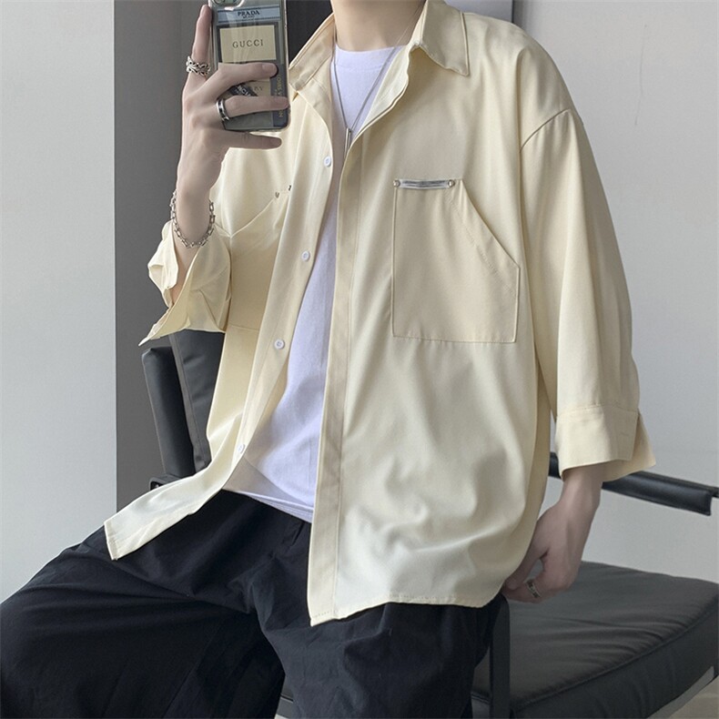 日系复古七分袖衬衫男简约薄宽松潮流新款夏季工装外套 W861-P30图片