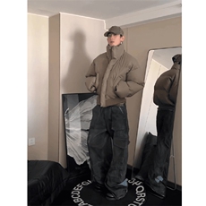现货5W件冬季三防重磅硬挺boxy短款羽绒立领PU皮棉衣外套加厚棉服，男装棉衣，电商A443