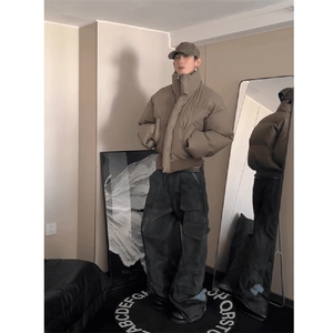 现货5W件冬季三防重磅硬挺boxy短款羽绒立领PU皮棉衣外套加厚棉服,休闲搭配视频冬季图片