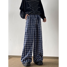 蓝色格子阔腿裤男女2024秋季新款韩系复古慵懒风显瘦拖地休闲裤，男装休闲裤，星座410-7