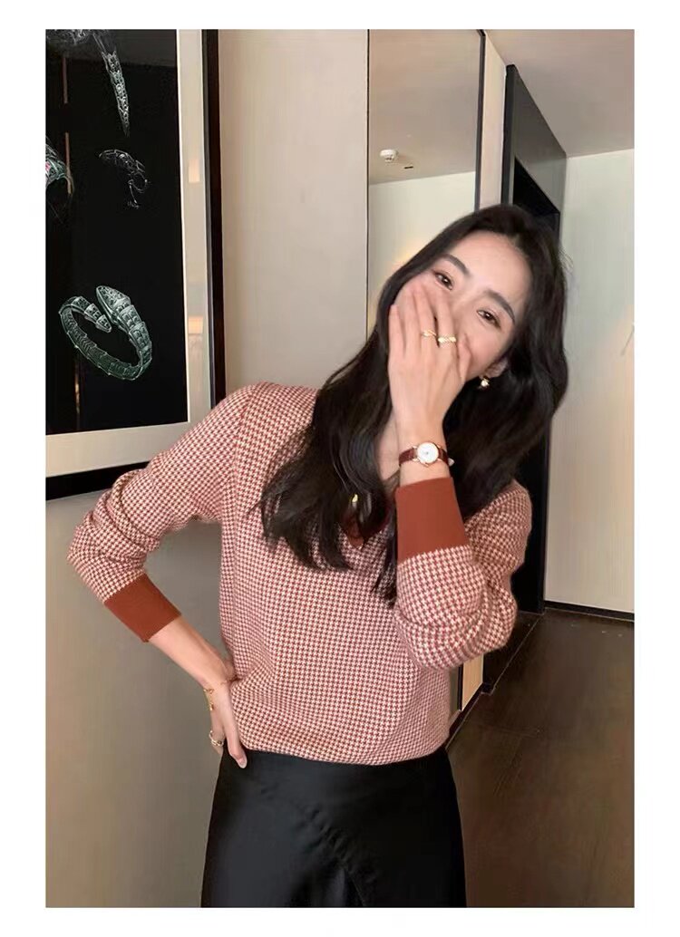 HE|千鸟格设计轻奢baby山羊绒衫女V领宽松针织衫慵懒风软糯毛衣,女装羊毛衫,鑫之绒