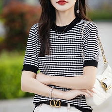 2025春夏新款格纹针织衫女圆领短袖T恤休闲薄上衣，女装T恤，思牵羊绒