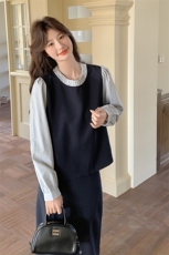 撞色拼接套装裙女2025春季新款学院风减龄假两件上衣半身裙两件套，女装套装/套裙，2C176