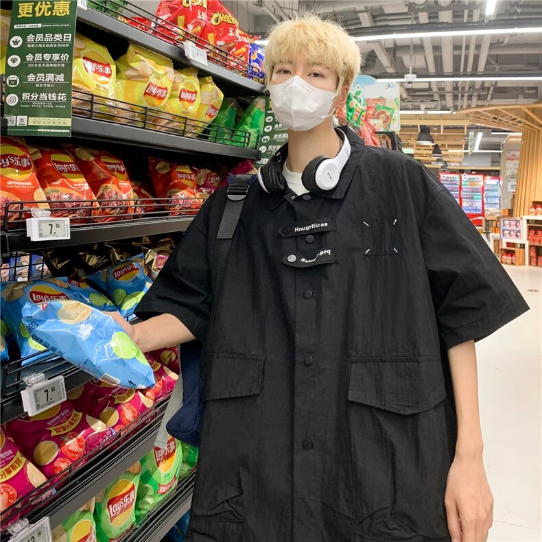 日系复古立体多口袋工装短袖衬衫男潮牌宽松休闲衬衣W2231-P42,男装衬衫,星座1109-3