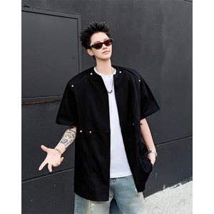 夏季新款拉链垫肩短袖T恤潮流设计感宽松休闲纯色上衣图片