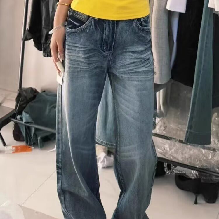 复古微辣叭牛仔裤女秋冬2025年新款低腰美式高街宽松加绒阔腿裤子,男装牛仔裤,星座218-8