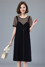 2021夏季新款时尚气质减龄圆领假两件条纹拼接连衣裙，女装连衣裙，余墨