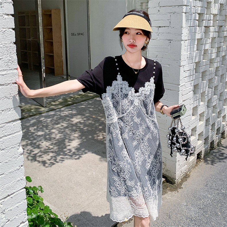 蕾丝拼接假两件连衣裙女2025夏季新款设计感小众时尚宽松吊带裙潮,女装连衣裙,2C176