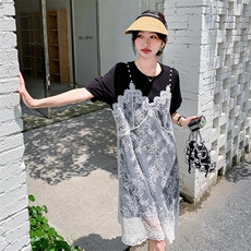 蕾丝拼接假两件连衣裙女2025夏季新款设计感小众时尚宽松吊带裙潮，女装连衣裙，2C176