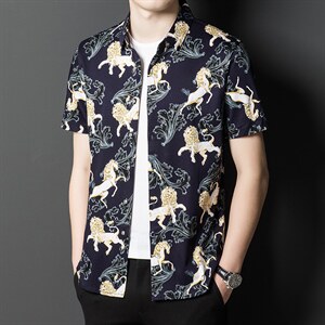 印花丝光棉短袖衬衫男薄款宽松免烫上衣夏季中年男士时尚潮流衬衣
