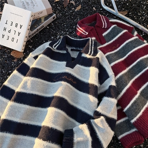 秋冬美式复古宽松潮牌高街条纹撞色v领针织衫翻领毛衣男潮流宽松图片