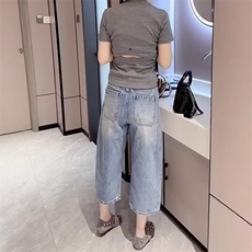 大码浅色阔腿牛仔裤女夏季薄款2025新款胖mm显瘦宽松八分直筒裤子，男装牛仔裤，星座1210-1