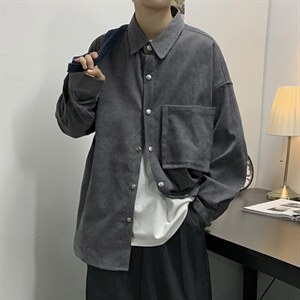 21秋装港风日系灯芯绒衬衫外套韩版情侣中性宽松慵懒风潮C45/P45,男装衬衫,钱塘713