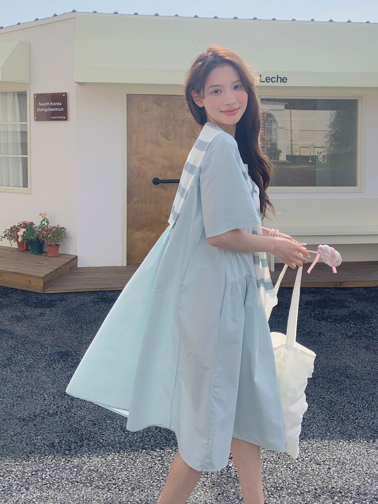 蓝色条纹披肩连衣裙女夏季2025新款小个子宽松韩系爆款衬衫裙流行,女装连衣裙,蝶眷