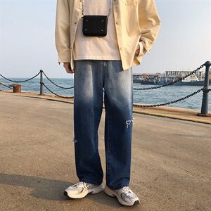 潮流ins暗黑高街风水洗渲染渐变色牛仔裤阔腿长裤男女图片