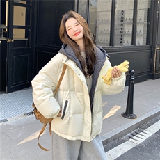 设计感假两件条纹连帽羽绒服女冬季宽松加厚面包服保暖外套，女装羽绒服，维壹