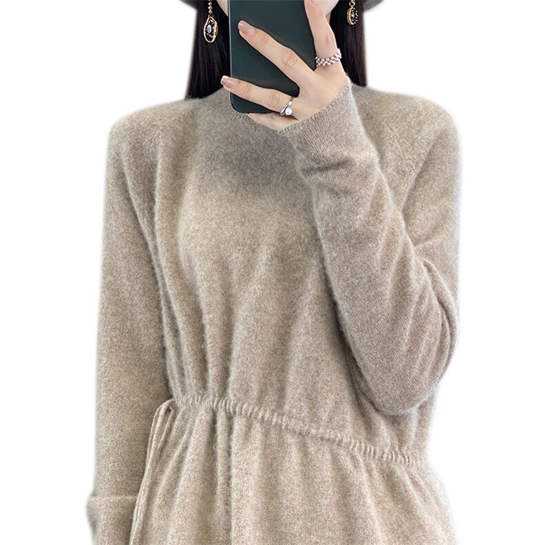 半高领中长款100%纯羊毛衫女秋冬新款抽绳针织毛衣宽松羊绒打底衫,女装羊毛衫,琳尚羊绒