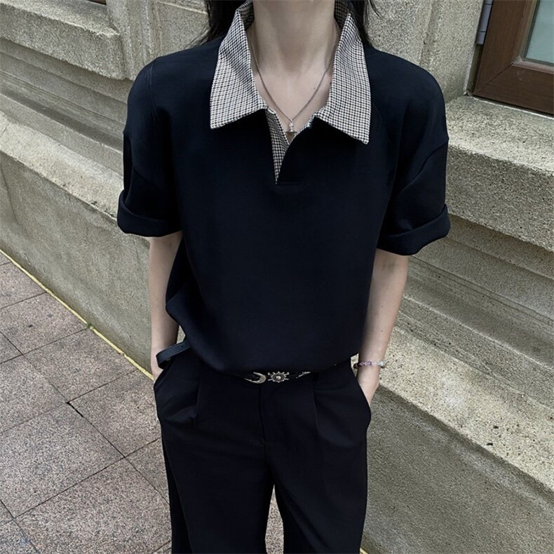 得物抖音高品质二开夏季美式潮牌假两件格子衬衫翻领高街短袖T恤,男装T恤,电商A486
